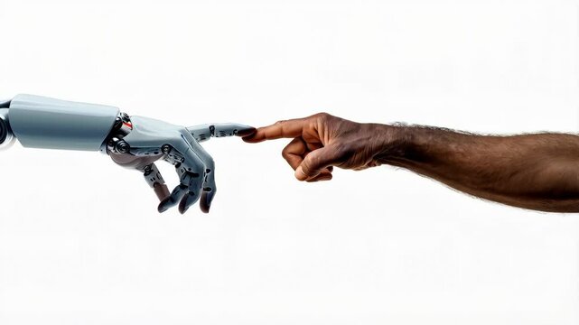 Artificial Intelligence advances in humanity. Robot hand trying to reach human hand over white background