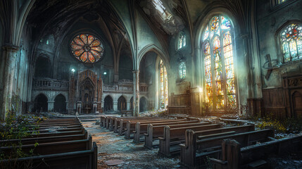 Obraz premium A silent chapel in ruins, with broken pews and shattered stained-glass windows. A faint scent of incense lingers in the air.