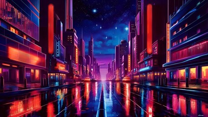 Futuristic Neon City Street at Night with Reflections, Cyberpunk Urban Landscape, Sci-Fi Cityscape Concept, Neon Lights Aesthetic, Rainy Evening in a Modern Metropolis