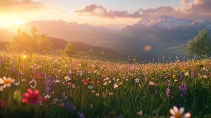 Obraz premium Sunset, wildflowers, mountains, idyllic, peaceful.