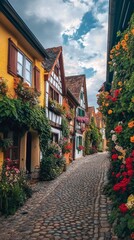 Fototapeta premium Charming European Village Street with Colorful Flowers