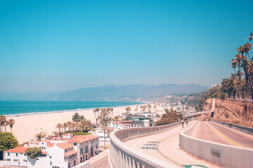 Californian incline road with view on pacific ocean beach in Santa Monica California