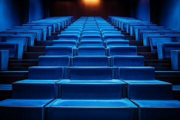 Naklejka premium Empty blue velvet seats in a dark theater auditorium