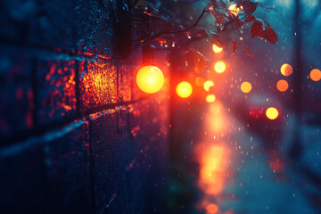 Fototapeta premium Moody Night Scene with Warm Glowing Lights Reflecting on a Wet Wall During Rainfall