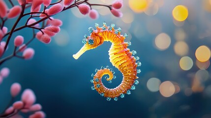  A seahorse dangles from a tree's branch with pink flowers in front, while the background features blurred lights