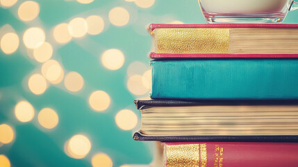   A glass of milk atop a stack of books on a table beneath a book of lights