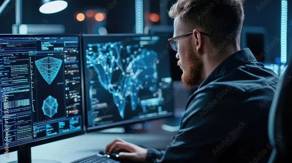 Poster cybersecurity expert preventing hacking attacks on personal and corporate data tech environment conc