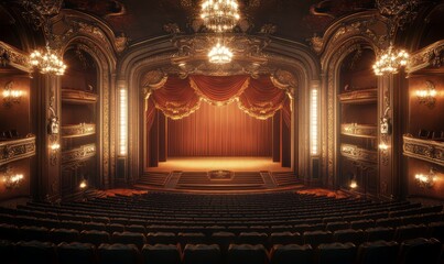Obraz premium grand theater with ornate architecture plush seating and a grand stage illuminated by a chandelier cultural landmark