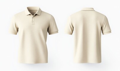 Minimalistic mockup of a blank cream polo shirt in a 3D rendering, showing detailed front and back views on a white background, perfect for branding and logo placement