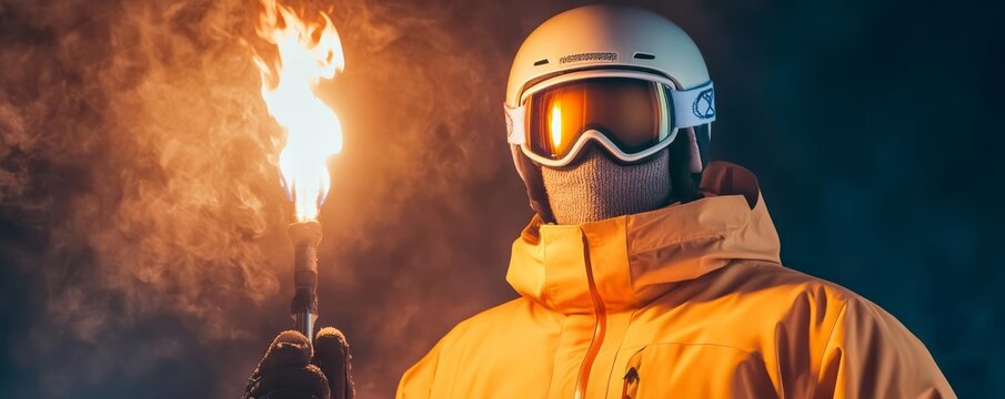 Skier holding a torch, night skiing, mystical and ceremonial atmosphere