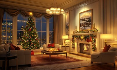 Fototapeta premium Cozy Christmas Living Room with Festive Decorations and Tree