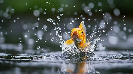   A golden fish leaping out of the water with its mouth wide open