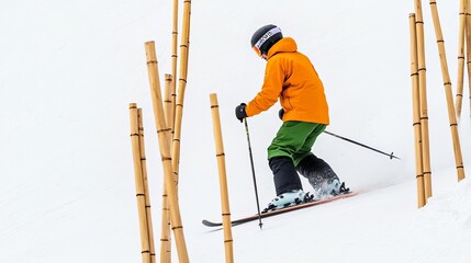 Skier maneuvering through bamboo poles on a winter course, blending nature with sport