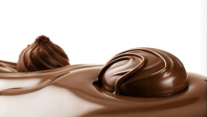 Close-up of smooth chocolate drizzling over a round truffle, highlighting the glossy and creamy texture