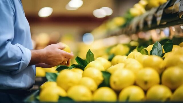 Costumer picking lemons from the supermarket. Unrecognizable person