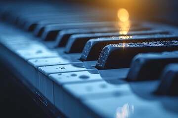 Close-up of piano keys with water drops, blue tone