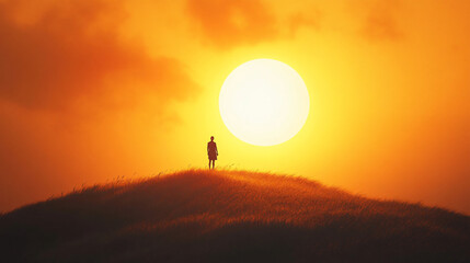 Fototapeta premium A solitary figure enjoys a moment of reflection on a hill as the sun sets beautifully.