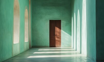Long wall, mint-colored, light-colored floor, brown door.