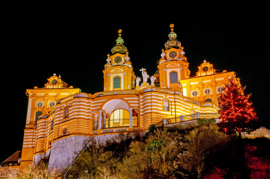 Night Shot of Historic Melk Abbey in Wachau Valley, Austria