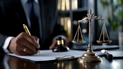 Legal advisor drafting merger contract for global corporations business office professional setting law concept