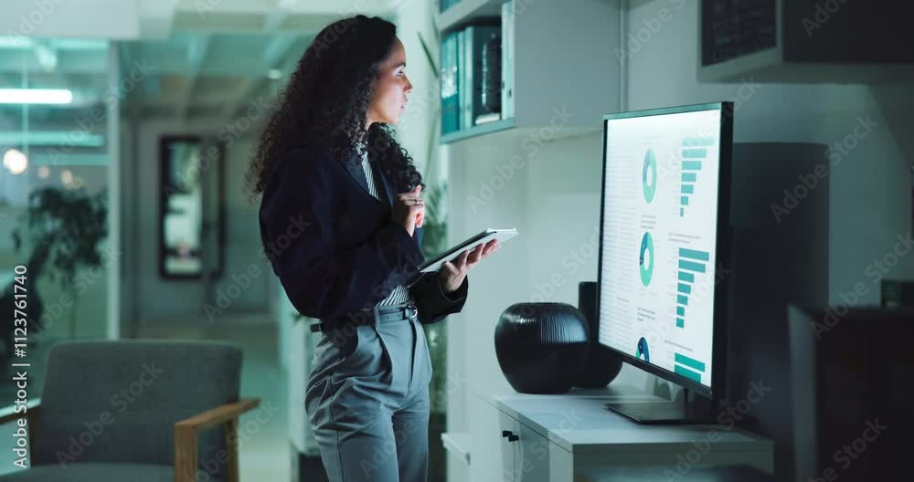 Aufkleber woman, tablet and thinking for financial analysis with screen, report and business growth stats. fem