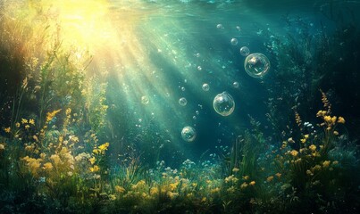Fototapeta premium Ethereal View of Underwater Scene with Sunlight and Air Bubbles