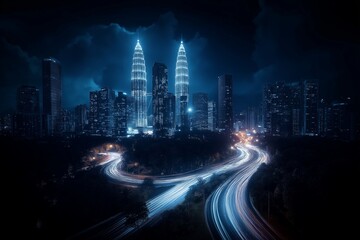 Obraz premium A city at night with a highway and two tall buildings