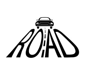 Logo. Drawing of a car and a road. The road is made in the form of a word. Vector illustration in black isolated on a white background
