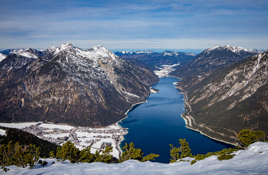 Panoramic view of Achensee between Rofan and Karwendel mountain ranges, Tyrol, Austria, Europe