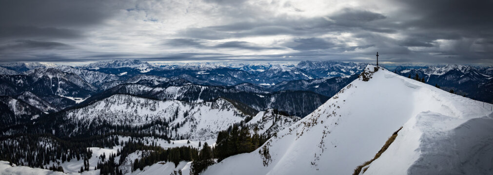 Winter panorama from mount Hochgern, Bavarian alps, Germany