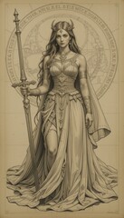 Obraz premium Majestic warrior queen standing guard in an enchanted forest realm at dawn