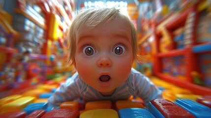 Fototapeta premium A surprised baby exploring a colorful playroom filled with toys.