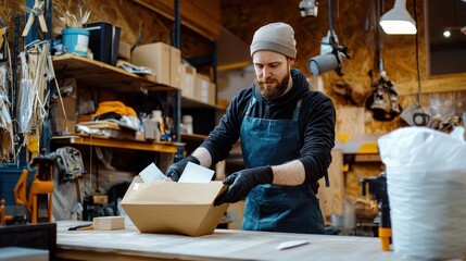 Ecommerce logistics actionsmall business owner packing orders in workshop environment for efficient shipping
