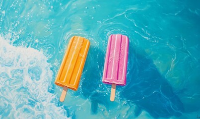 Two vibrant popsicles, one orange and one pink, standing in the shallow waves of a sparkling blue ocean on a sunny day.