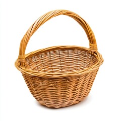Obraz premium Empty wicker basket with a handle isolated on white background.