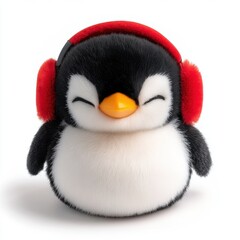 Fototapeta premium Adorable plush penguin toy wearing red earmuffs, smiling with closed eyes, isolated on white, AI