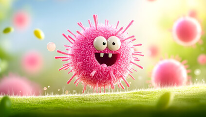 A cartoonish pink virus with a big smile on its face. The virus is surrounded by pink spheres, which are also smiling. Scene is lighthearted and playful