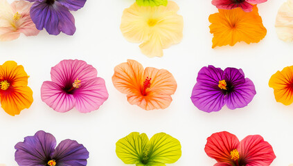 Obraz premium A row of colorful flowers with a white background. The flowers are of different colors and sizes. Concept of vibrancy and diversity