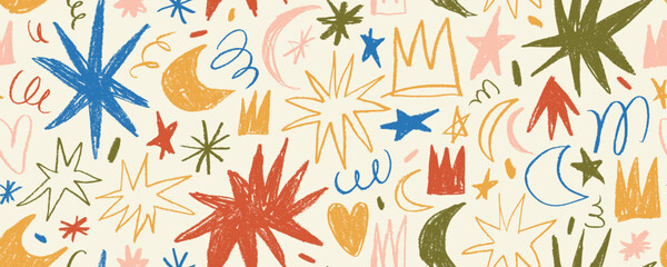 Retro childish seamless doodle pattern with crayon drawn stars, crown and squiggles. Hand drawn multi colored background with cute kid's shape. Magical starry night motif in seamless pattern.