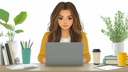 A young woman focused on her laptop in a well-organized workspace featuring green plants, notebooks, and coffee cups in a bright environment
