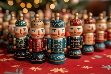 Fototapeta premium Festive Nutcracker Soldiers in Traditional Attire, Shining Brightly on Red Holiday Backdrop, Christmas Decoration Concept