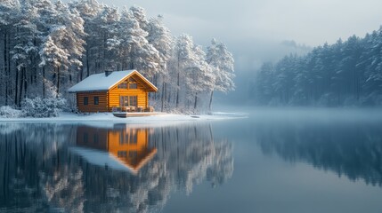 Obraz premium Serene wooden cabin perched on the edge of a frozen lake, encircled by frosty pine trees under a tranquil winter morning mist. Perfect for seasonal designs, travel brochures, and winter-themed