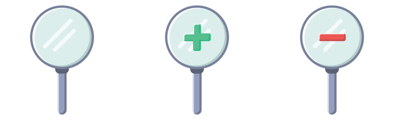 Fototapeta premium Zoom in zoom out flat icon set vector design illustration, magnifying glass vector, search design illustration. 