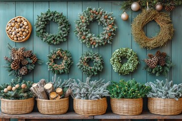 Fototapeta premium Seasonal wreath display with pine cones, greenery, and nuts on wooden wall for natural holiday decor concept