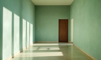 Fototapeta premium Long wall, mint-colored, light-colored floor, brown door.