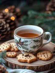 Fototapeta premium Christmas Tea in Festive Cup Surrounded by Holiday Cookies and Pinecones, Cozy Winter Atmosphere Concept