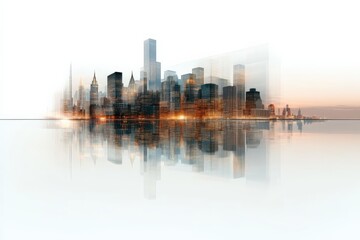Fototapeta premium City skyline reflection at sunset showcases urban beauty and architectural diversity in a tranquil setting
