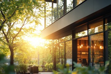Fototapeta premium Modern office building surrounded by greenery at sunset creating a tranquil atmosphere for work and creativity