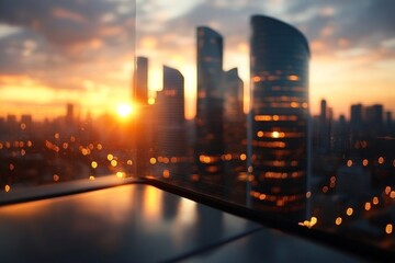 Sunset view from a high-rise building with city skyline and glowing lights