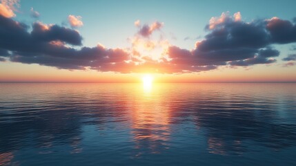 Obraz premium tranquil image of sunrise over calm lake with horizon glowing softly and surrounded by copy space